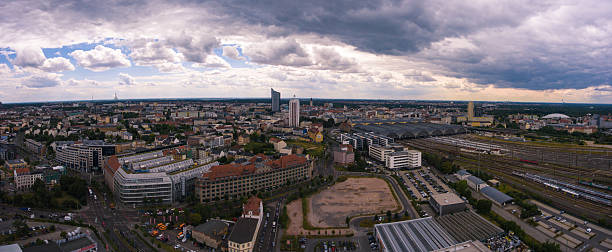 Leipzig, Panorama aerial view town city clouds