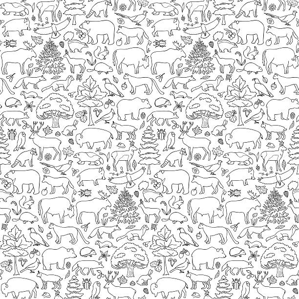 Forest Animals Seamless Pattern Seamless pattern of Doodle Forest Animals and Plants mountain lion tree stock illustrations