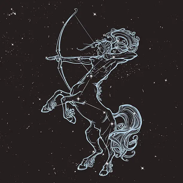 Vector illustration of Rearing Centaur holding bow and arrow. Night sky background.