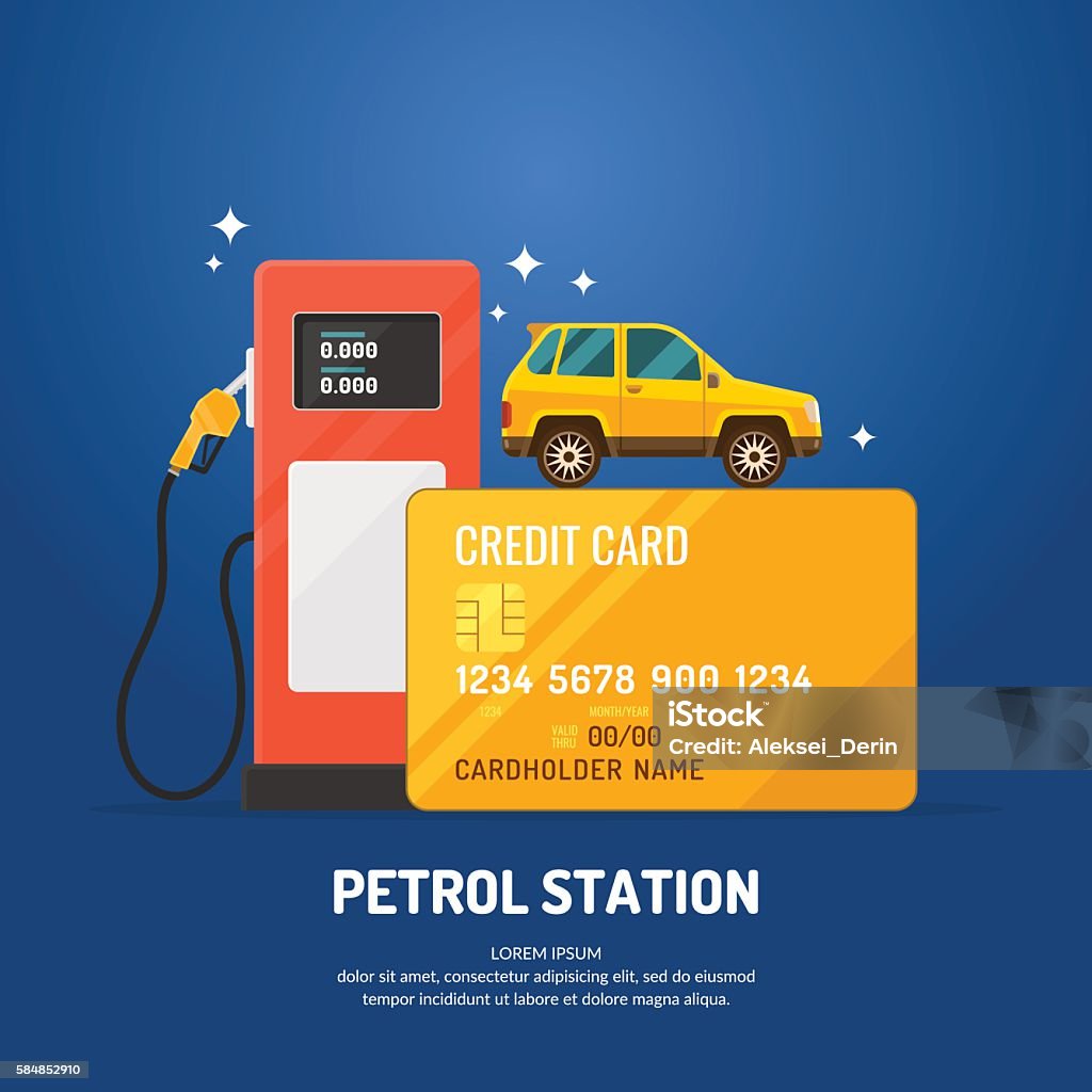 Bright advertising poster on the theme of gas station. Bright advertising poster on the theme of gas station. Purchase fuel with a credit card. Vector illustration. Fuel Pump stock vector