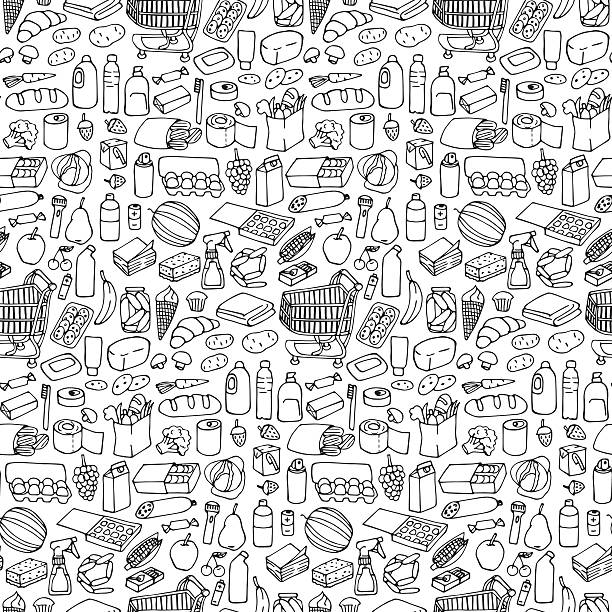 Supermarket seamless pattern Seamless pattern with doodle hand drawn supermarket elements and objects. supermarket drawings stock illustrations
