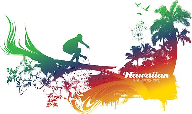 Vector illustration of colorful surf and summer scene with rider