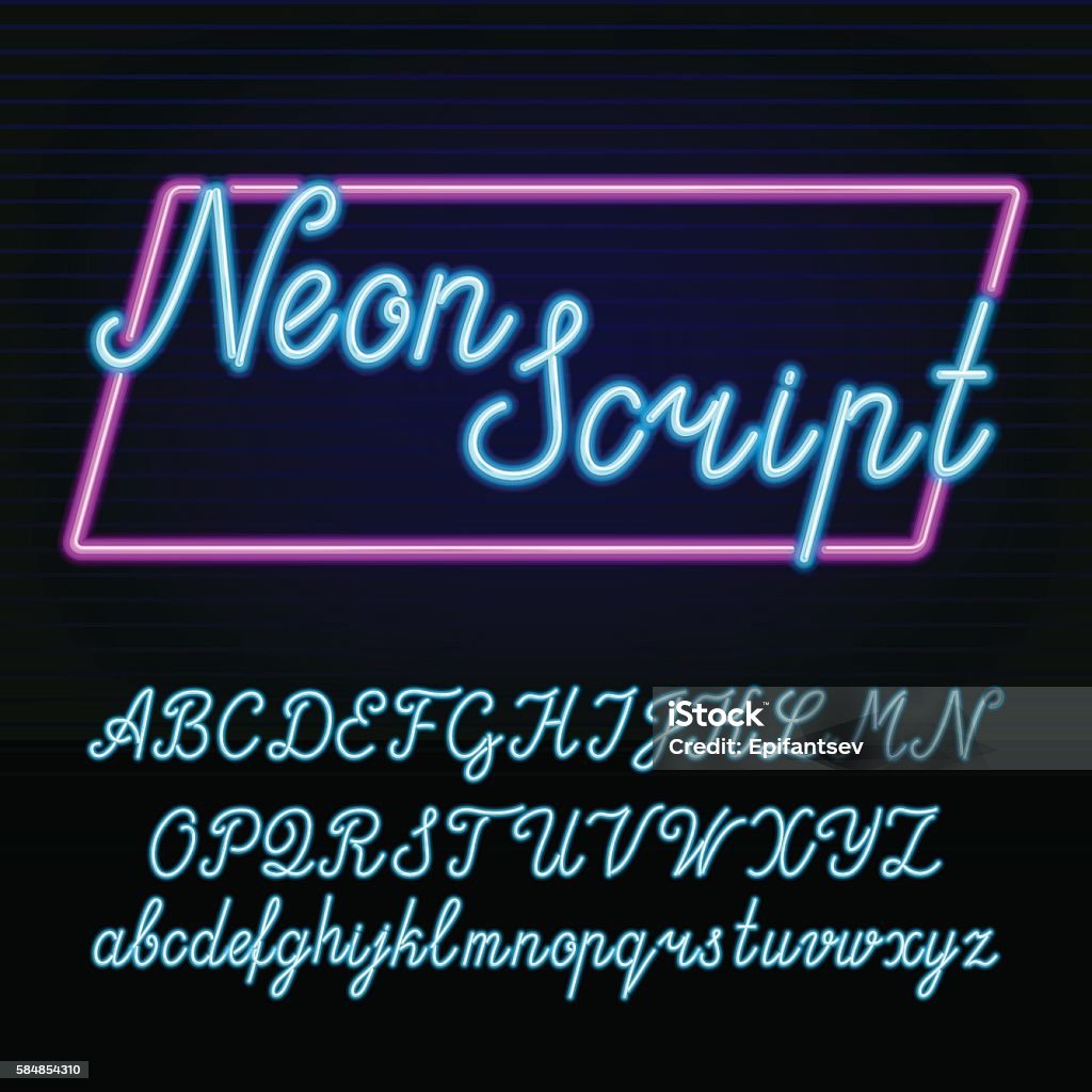 Neon tube alphabet font. Neon tube alphabet font. Hand drawn script type letters and numbers on a dark background. Vector typeface for labels, titles, posters etc. Neon Colored stock vector