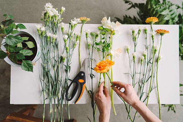 花屋ワークスペース:花の装飾を作る白人女性 - arranging ストックフォトと画像
