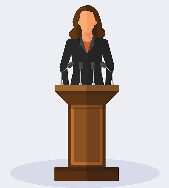 Vector Illustration Politician Woman Giving Speech Politician woman standing behind rostrum and giving a speech. Vector flat style colorful illustration politician stock illustrations