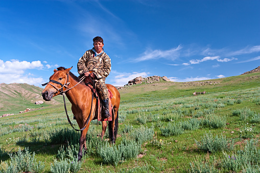 Mongolian horseback rider, meadow in background. 