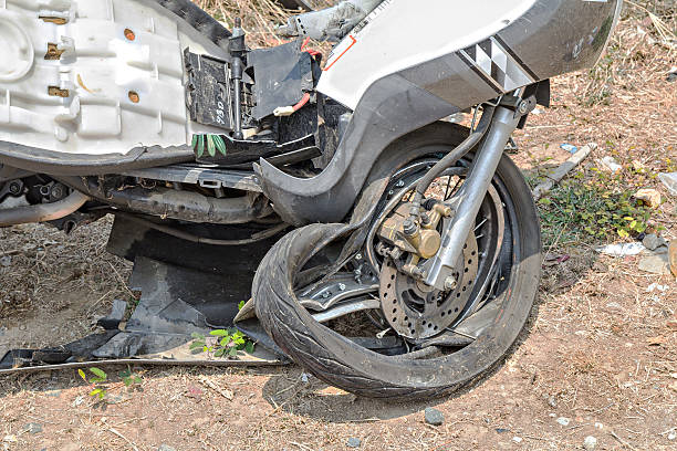 istock Motorcycle front wheel was demolished from the accident. 584859270