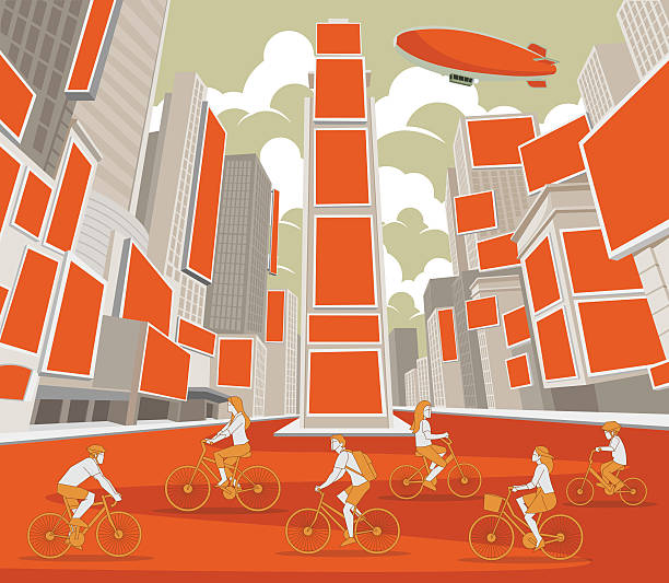 타임스퀘어에서 자전거를 타는 사람들 - times square billboard stock illustrations