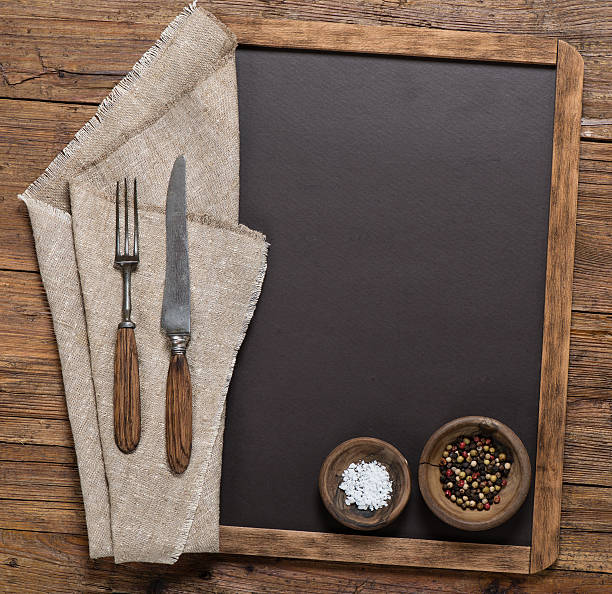 istock Menuboard, spices, spoon and fork. View from the top. 584861084