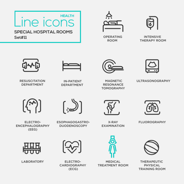 szpitalne pokoje specjalne - zestaw piktogramów do projektowania linii - medical research medicine laboratory computer graphic stock illustrations