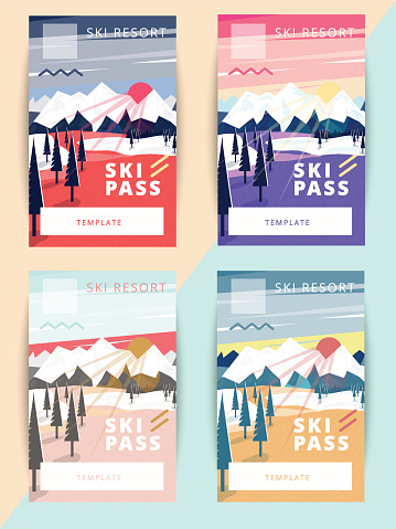 Set of vector ski pass template design. Trendy colorful mountain background illustration