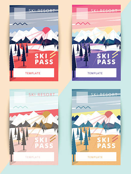 Set of trendy vector ski pass template design. Set of vector ski pass template design. Trendy colorful mountain background illustration ski stock illustrations