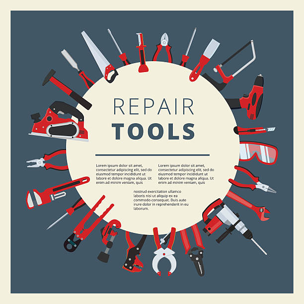 ilustrações, clipart, desenhos animados e ícones de conjunto de reparos domiciliares vetoriais toold, instrumentos e equipamentos - maintenance engineer work tool hammer instrument of measurement