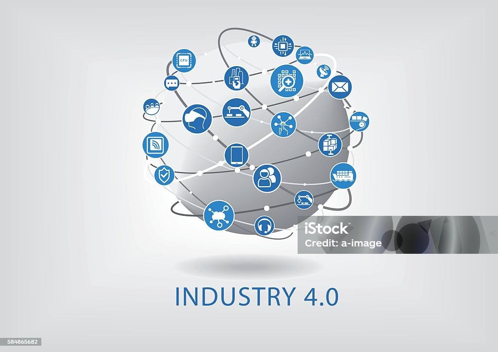 Industry 4.0 infographic. Connected smart devices with globe. Industry stock vector