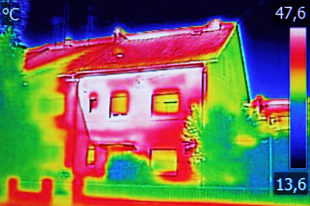 wärmebild auf wohngebäude - thermal isolation stock-fotos und bilder