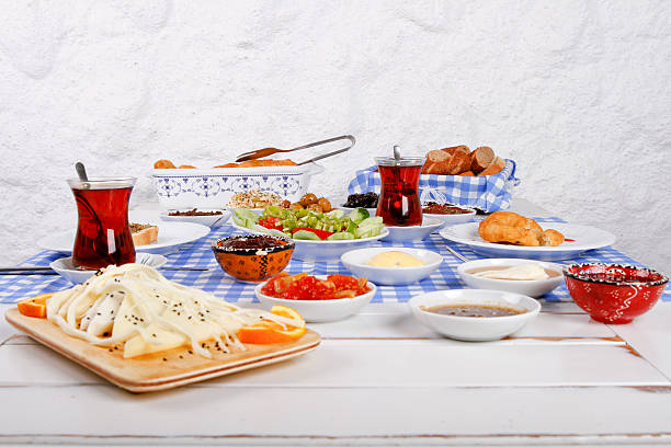 Rich and delicious Turkish, Greek breakfast at santorini stock photo