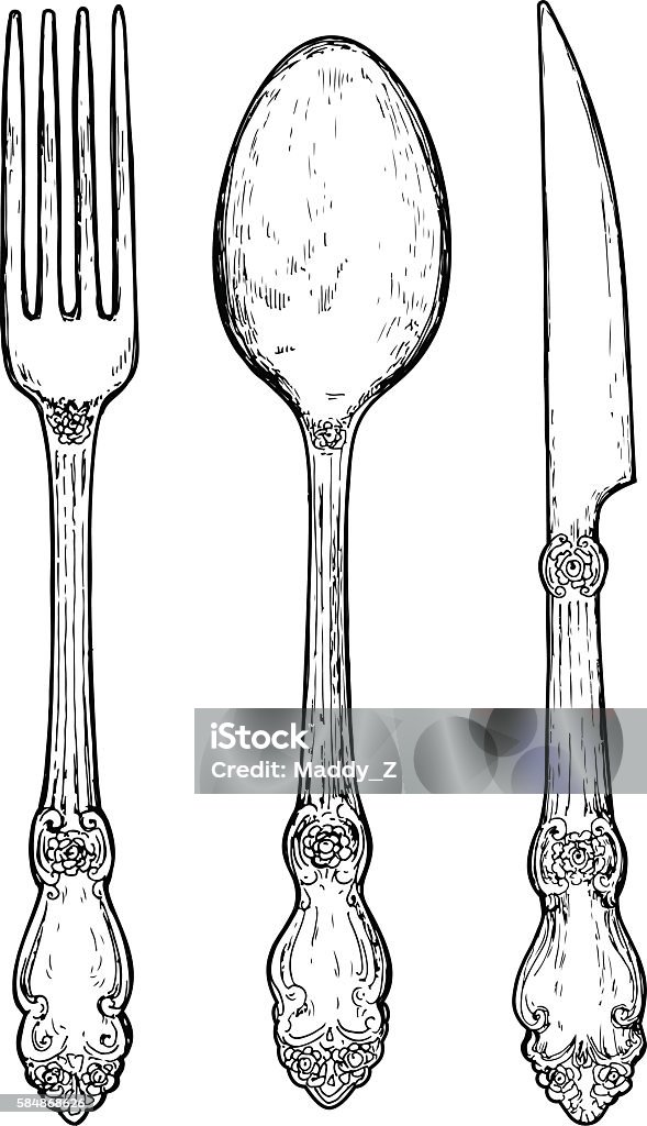 Hand drawn vintage silver cutlery. Hand drawn vintage silver cutlery. Fork, knife and spoon. Fork stock vector
