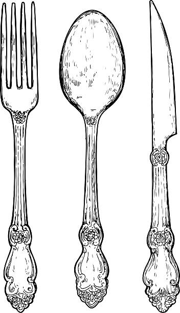 Hand drawn vintage silver cutlery. Hand drawn vintage silver cutlery. Fork, knife and spoon. kitchen utensil illustrations stock illustrations