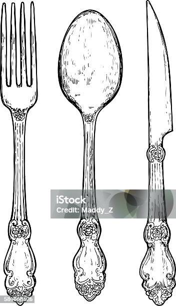 Hand Drawn Vintage Silver Cutlery Stock Illustration - Download Image Now - Fork, Silverware, Drawing - Activity