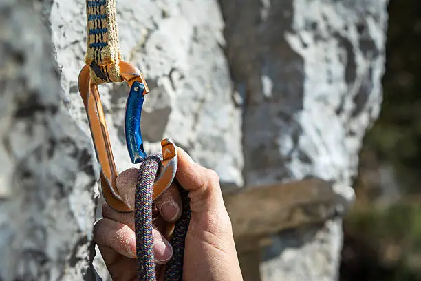 Carabiner, spit and climbing rope. Free climbing gear
