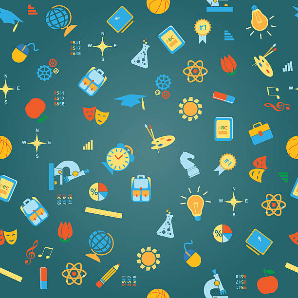 Back to Schoo icon seamless vector pattern Back to School stationery supplies icon seamless vector pattern. Flat icon template set. School, after-school kids' activities, technology, science, art education concept. Use for youth targeted product decoration. back to schoo stock illustrations