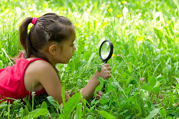 istock Little girl exploring nature looking at magnifying glass 584872250