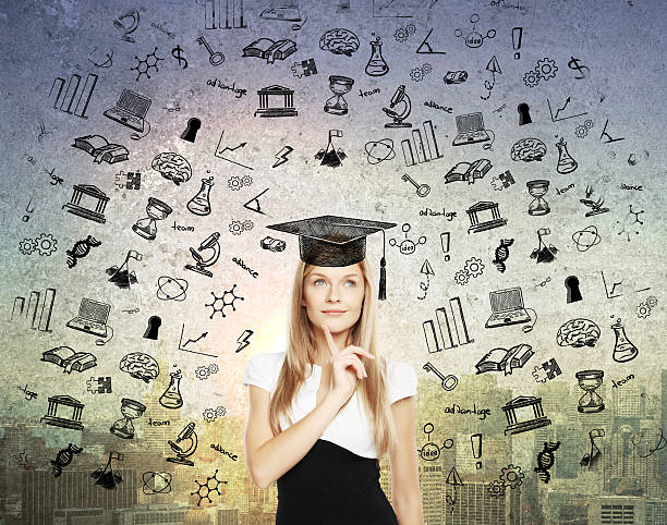 istock Graduation concept with thoughtful businesswoman 584873884