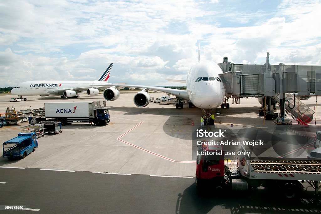 Paris - France Paris, France - July 13, 2016: Air France airplanes in CDG airport which is one of the top 10 busiest airports worldwide Airport Stock Photo