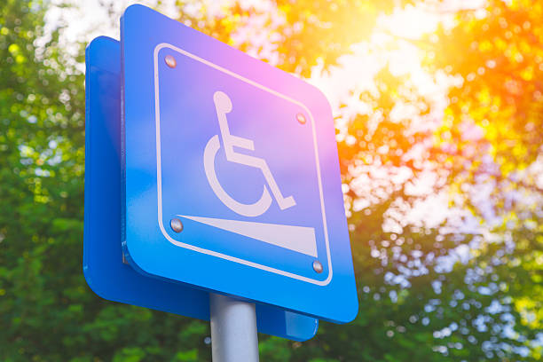 istock Disability slope or wheelchair ramp sign. 584883670