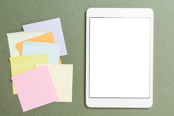 Stickers on computer monitor. Paper sticky notes with curly edges for memo and reminders. PC screen with blank post-it notes or color tags on white background, mockup banner close up. 3D render