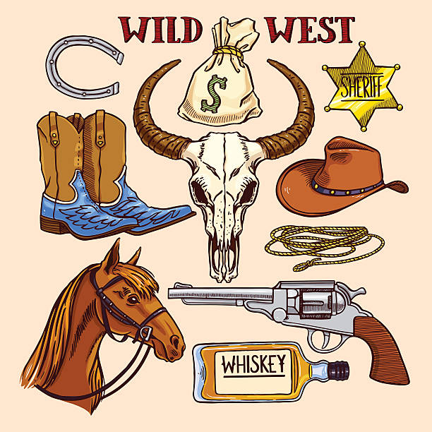 illustrations, cliparts, dessins animés et icônes de accessoires de cow-boy coloful - wild west horseshoe retro revival old fashioned