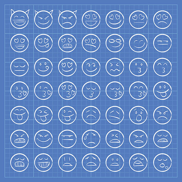 Blueprint emoji icons set 2 Professional set of 49 hand drawn emoji icons on a blueprint document. smirk emoji stock illustrations