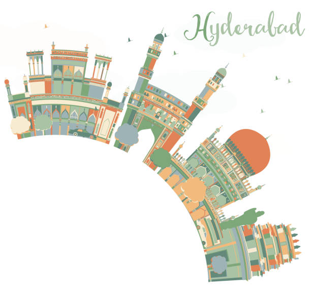 ilustrações, clipart, desenhos animados e ícones de horizonte de hyderabad abstrato com marcos coloridos e espaço de cópia. - hyderabad