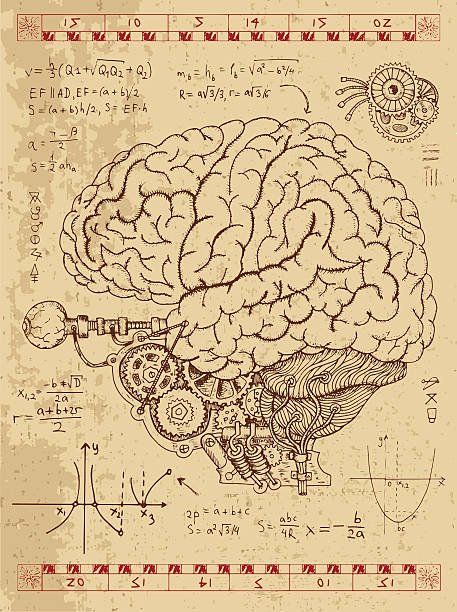 zestaw graficzny z mechanicznym ludzkim mózgiem, okiem i formułami - engraved image gear old fashioned machine part stock illustrations