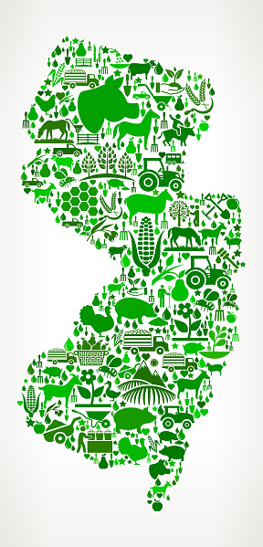 New Jersey Icon . The green vector icons create a seamless pattern and include popular farming and agriculture. Farm house, farm animals, fruits and vegetables are among the icons used in this file. The icons are carefully arranged on a light background and vary in size and shades of green color.