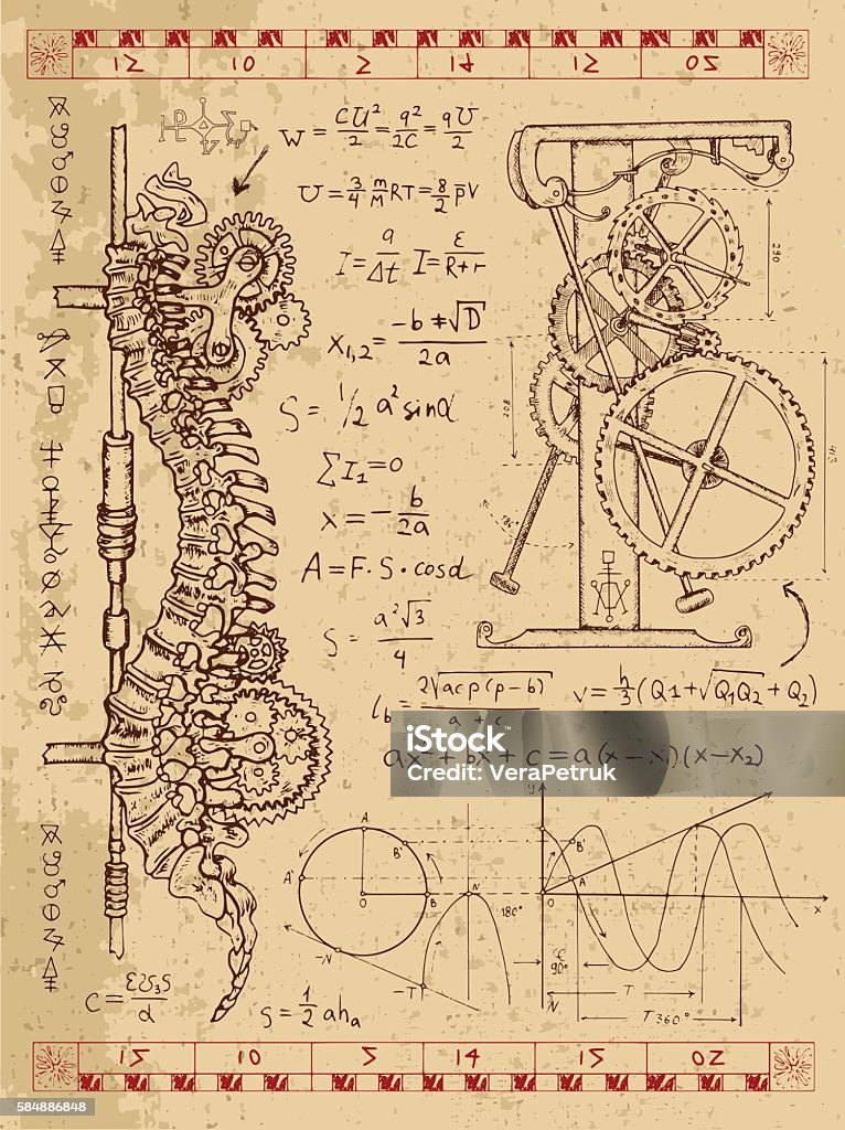 Graphic set with steampunk mechanism in human backbone Graphic set with steam punk mechanism in human backbone, math formulas and retro machine. Hand drawn vintage illustration, sketch tattoo, old science background with mystic symbols Steampunk stock vector