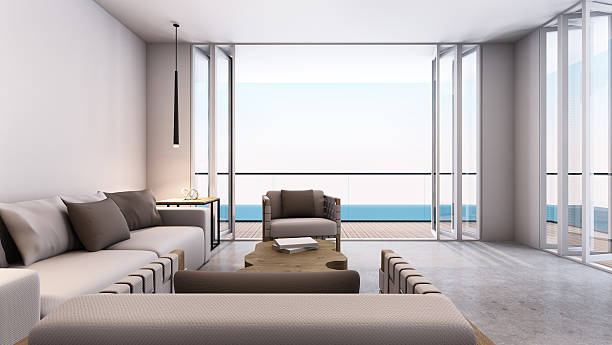 istock Livingroom take sea view - 3D render 584887142