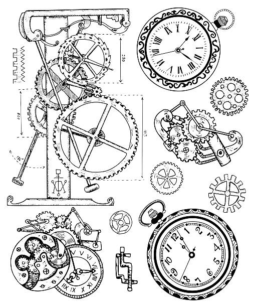 Graphic set with vintage clock mechanism in steampunk style Graphic set with vintage clock mechanism in steampunk style. Hand drawn illustration, sketch tattoo, old black and white technology collection with cogs, gear, wheels and retro machines steampunk stock illustrations