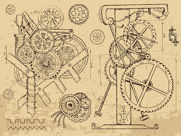 stare mechanizmy i maszyny w stylu steampunk - engraved image gear old fashioned machine part stock illustrations