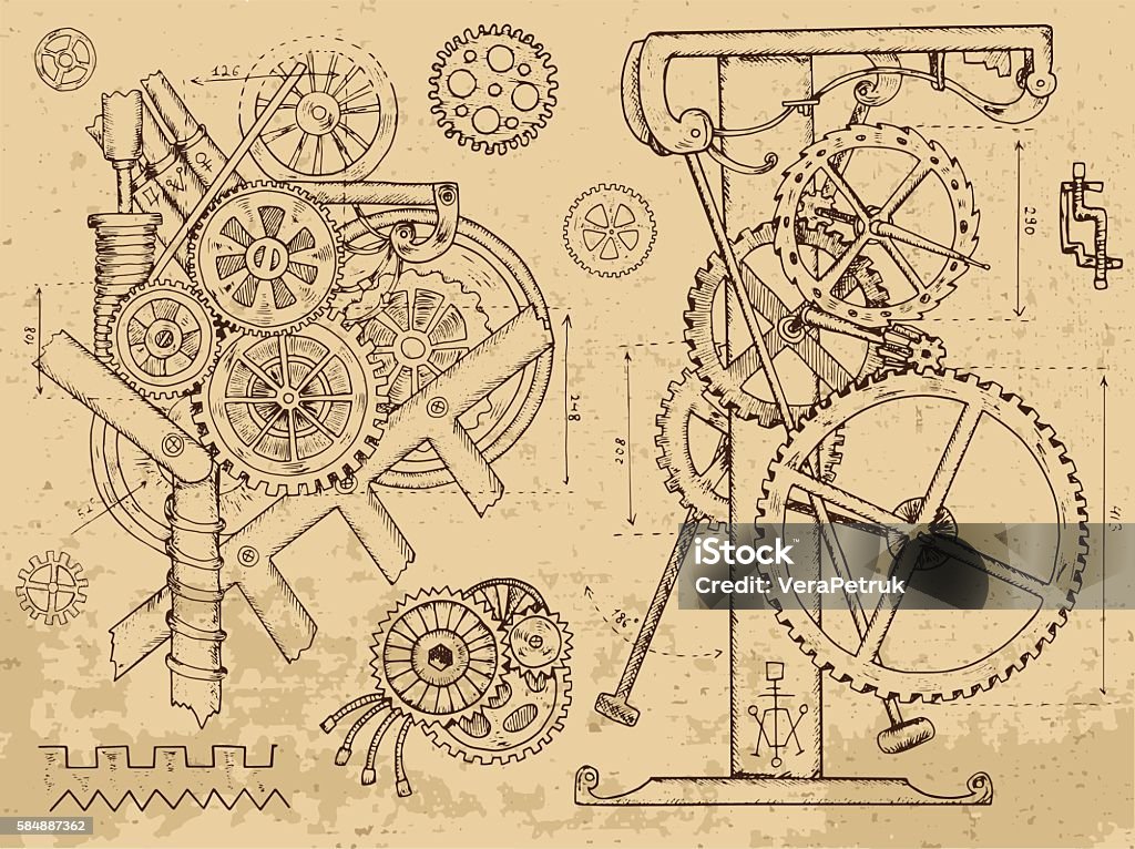 Old mechanisms and machines in steampunk style Retro mechanisms and machines in steampunk style on textured background. Hand drawn graphic illustration, sketch tattoo, retro technology collection with cogs, gear and wheels Steampunk stock vector