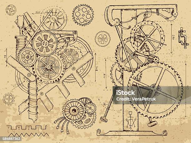 Old Mechanisms And Machines In Steampunk Style Stock Illustration - Download Image Now - Steampunk, Gear - Mechanism, Drawing - Art Product
