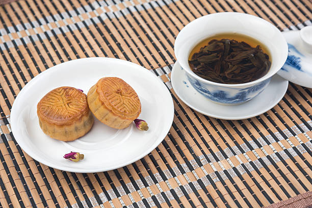Moon cake and tea on the wooden background,Chinese traditional food