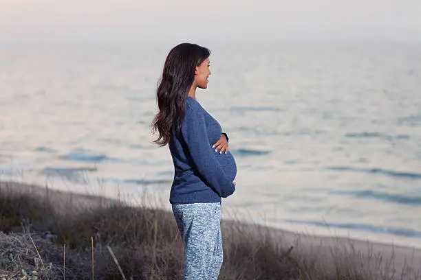 Photo of Pregnant woman on sea beach.