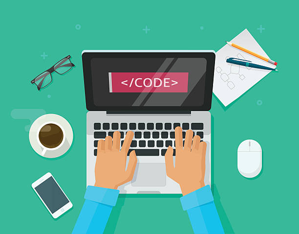 Programmer coding, laptop computer, work desk, freelancer sitting on table Programmer coding on laptop computer on work desk vector illustration, freelancer sitting on working table and typing code on keyboard top view, web development process concept cartoon flat style it programer working on desktop stock illustrations