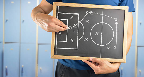 soccer tactics drawing on chalkboard hand of a football coach drawing a tactics of soccer game  with white chalk on blackboard at changing room sports chalk stock pictures, royalty-free photos & images