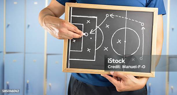 Soccer Tactics Drawing On Chalkboard Stock Photo - Download Image Now - Coach, Soccer, Strategy