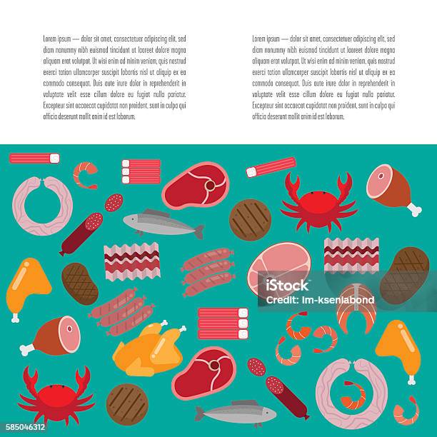 Flat Pattern With Meat And Fish Stock Illustration - Download Image Now - Icon Symbol, Meat, Bacon