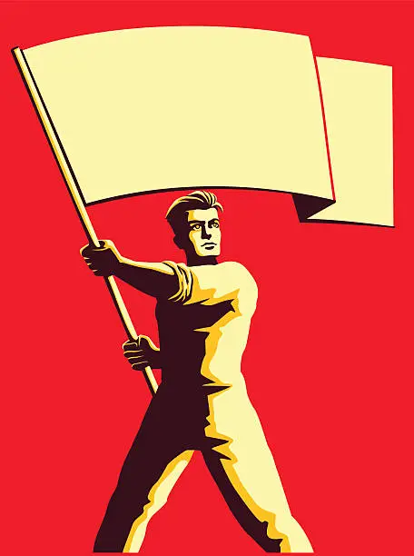 Vector illustration of Vintage soviet propaganda style man holding blank flag vector illustration