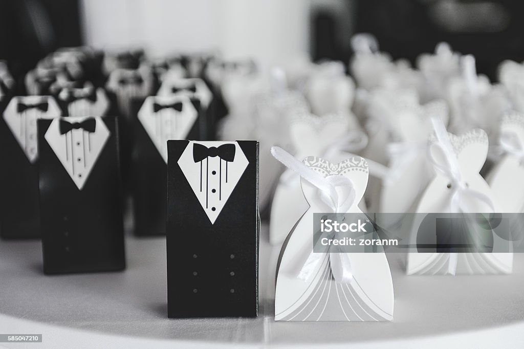 Bride and groom suit and dress cards Bride and groom suit and dress cards, in a row Wedding Invitation Stock Photo