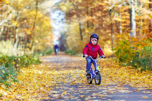 istock Little kid boy with bicycle in autumn forest 585048452